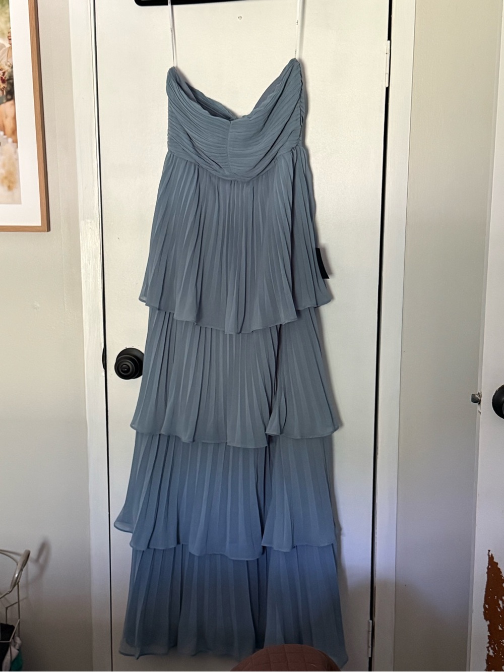 Lulu's Strapless Pleated Tiered Maxi Dress in Dusty Blue